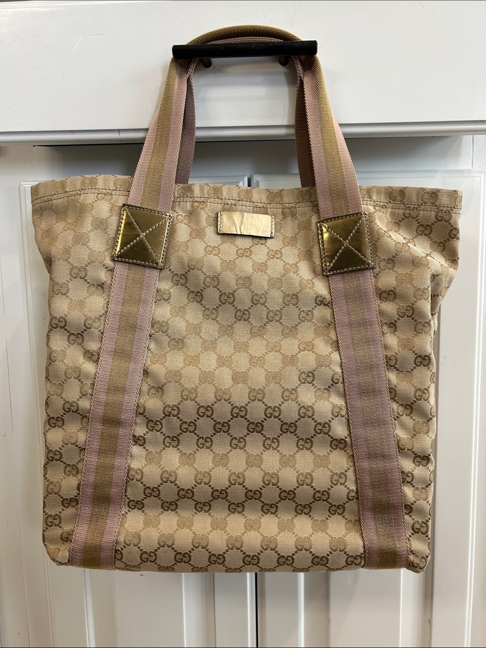 Gucci Beige Monogram Tote with Pink-Striped Straps